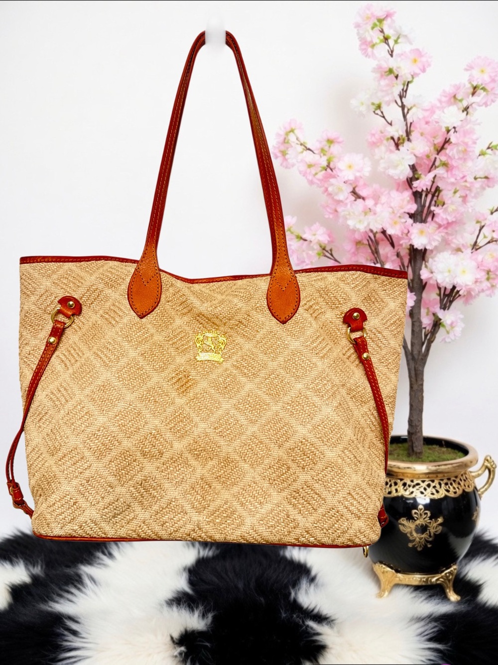 PRATESI FIRENZE WOVEN RAFFIA & GENUINE LEATHER ITALIAN TOTE BAG